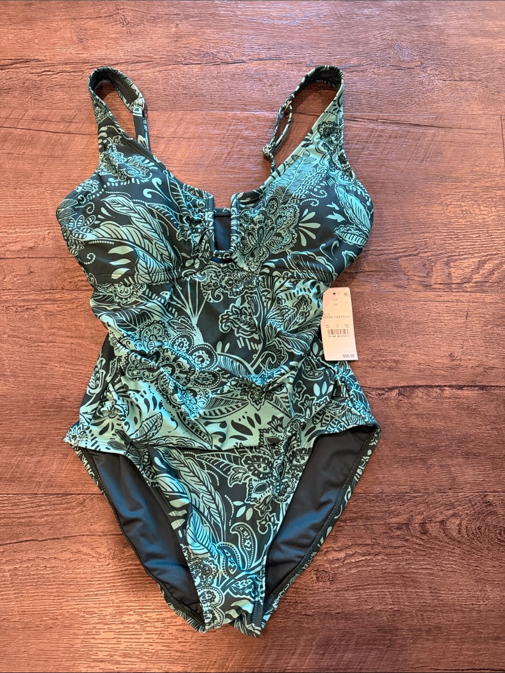 Land's‎ End XS Green/Teal Floral Paisley One-Piece Swimsuit